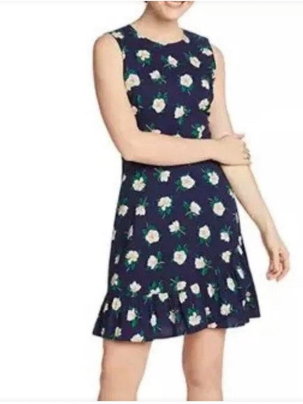 Draper James Navy Floral Ruffle Hem Sleeveless Dress